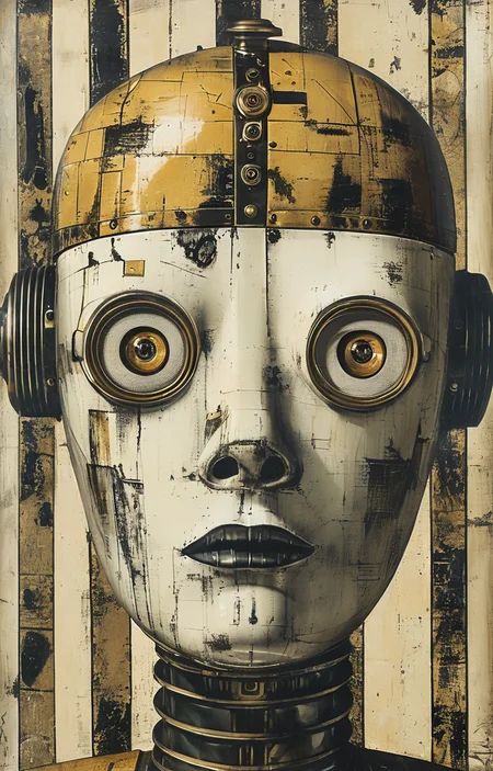 masterpiece,best quality,<lora:tbh150-sdxl:0.9>,style of Piero Fornasetti, portrait of robot