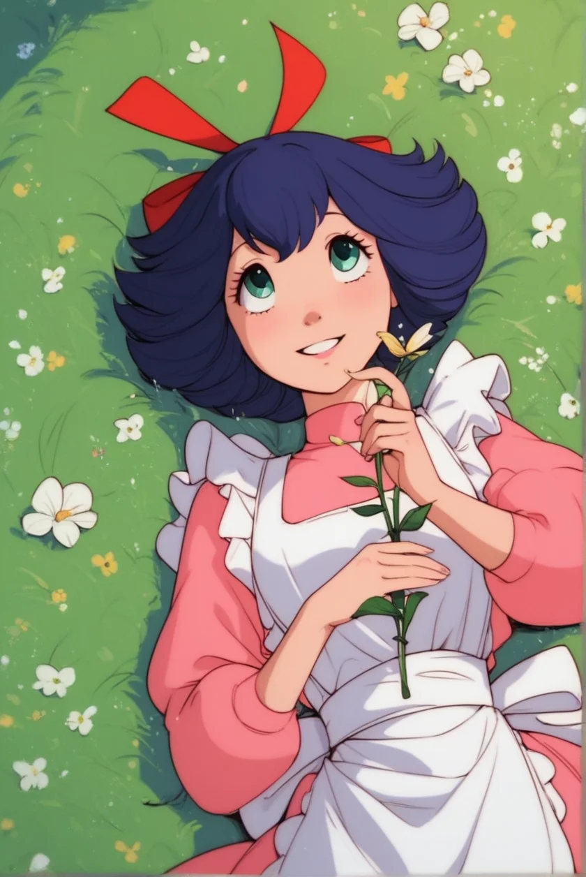 score_9, score_8_up, score_7_up, Expressiveh, chaokaty, 1girl, highres, score_9,score_8,score_7up, outdoors, field of flowers, laying on back, looking up to sky, solo, holding flower, smiling,
blue hair, red hair bow, pink dress, apron, green eyes