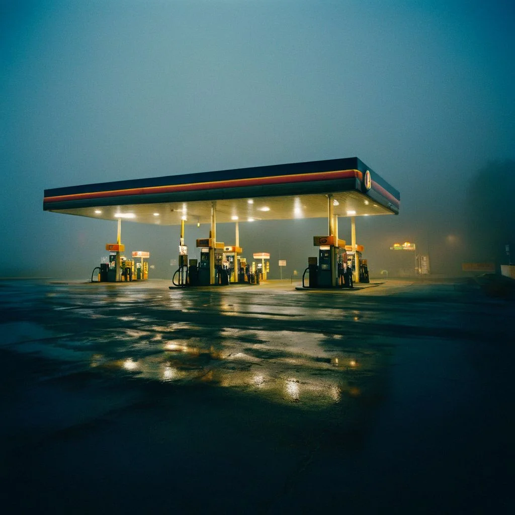 film photography style a moody picture of a gas station at night engulfed in fog, low camera angle <lora:FILM_PHOTOGRAPHY_STYLE-000017:1>