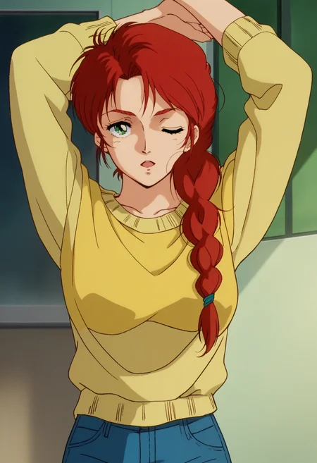 score_9, score_8_up, score_7_up, score_6_up, anime screencap, anime coloring, <lora:G0080CMV1_epoch_8:0.9>, G0080CM, red hair, green eyes, braided ponytail, hair over shoulder, breasts, 
yellow sweater, denim, jeans, collarbone, 
looking at viewer, one eye closed, arms up, stretching, open mouth, 
BREAK indoors,