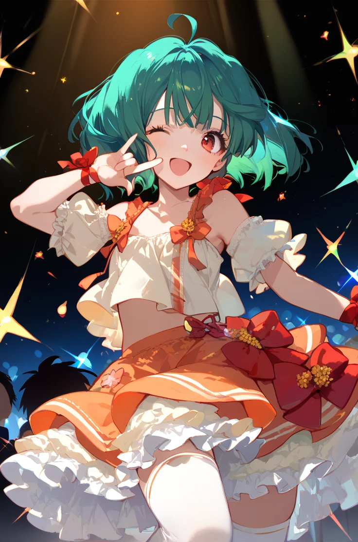score_9, score_8_up, score_7_up, source_anime,
stage, lights, concert
upper body, close up,
open smile, blush, seikan hikou, cowboy shot, wink, m/,
small breasts,
<lora:rankaidol_autismConfetti_v08:0.99>ranka lee, green hair, red eyes, short hair, ahoge,
idol clothes, skirt, thighhighs, layered skirt, orange skirt, wrist ribbon, white thighhighs, bare shoulders, (navel:0.2),, zPDXL