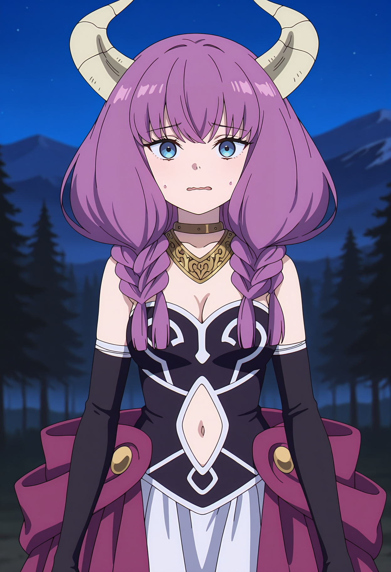 anime screencap, masterpiece, best quality,
<lora:SousouNoFrieren_Aura_IlluXL:0.9>,
1girl, solo, worried, sweatdrop, wavy mouth, parted lips,
purple hair, low-braided long hair, blue eyes, demon horns,
AuraSSnF, neck ring, necklace, black corset, medium breasts, cleavage, navel cutout, white skirt, overskirt, purple skirt, elbow gloves, black gloves, 
standing, looking at viewer, cowboy shot,
night, forest, mountainous horizon, night sky, blurry background