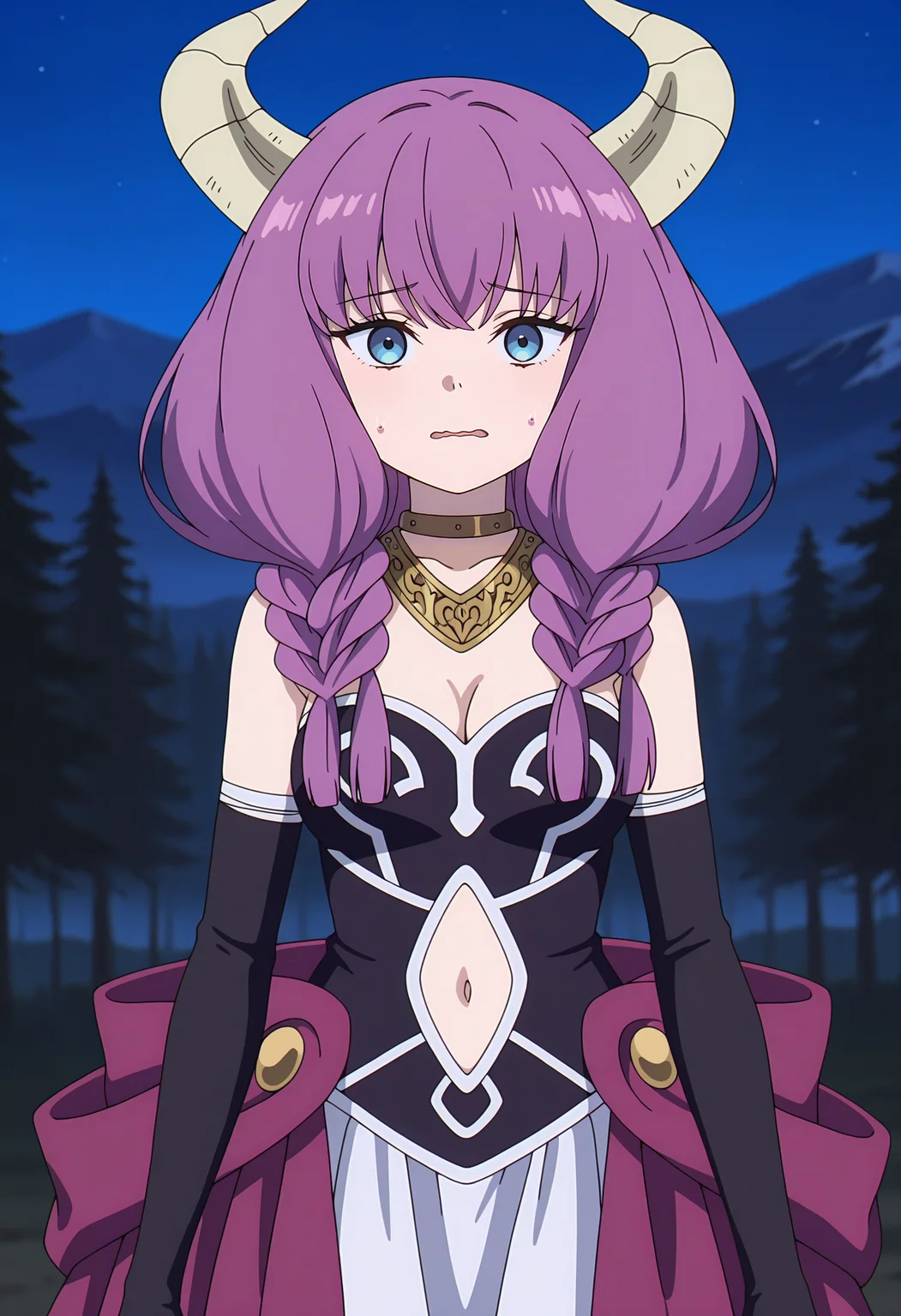 anime screencap, masterpiece, best quality,
<lora:SousouNoFrieren_Aura_IlluXL:0.9>,
1girl, solo, worried, sweatdrop, wavy mouth, parted lips,
purple hair, low-braided long hair, blue eyes, demon horns,
AuraSSnF, neck ring, necklace, black corset, medium breasts, cleavage, navel cutout, white skirt, overskirt, purple skirt, elbow gloves, black gloves,
standing, looking at viewer, cowboy shot,
night, forest, mountainous horizon, night sky, blurry background