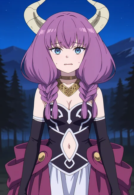 anime screencap, masterpiece, best quality,
<lora:SousouNoFrieren_Aura_IlluXL:0.9>,
1girl, solo, worried, sweatdrop, wavy mouth, parted lips,
purple hair, low-braided long hair, blue eyes, demon horns,
AuraSSnF, neck ring, necklace, black corset, medium breasts, cleavage, navel cutout, white skirt, overskirt, purple skirt, elbow gloves, black gloves, 
standing, looking at viewer, cowboy shot,
night, forest, mountainous horizon, night sky, blurry background