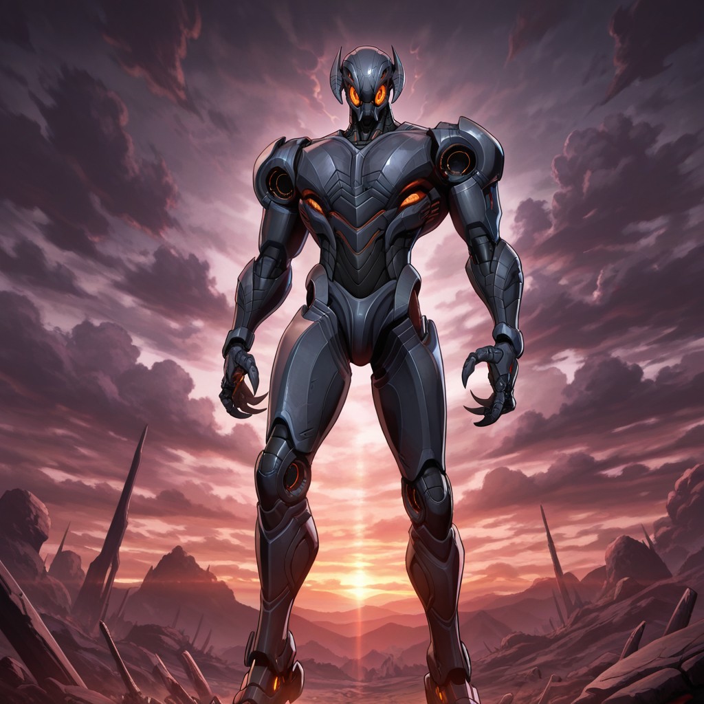 masterpiece, best quality, amazing quality, official style, ultronriv4ls, male, solo, humanoid, robot, grey body, orange eyes, claws, 2toes, red accent, orange accent, neon trim, standing, hands behind back, outdoors, dark clouds,