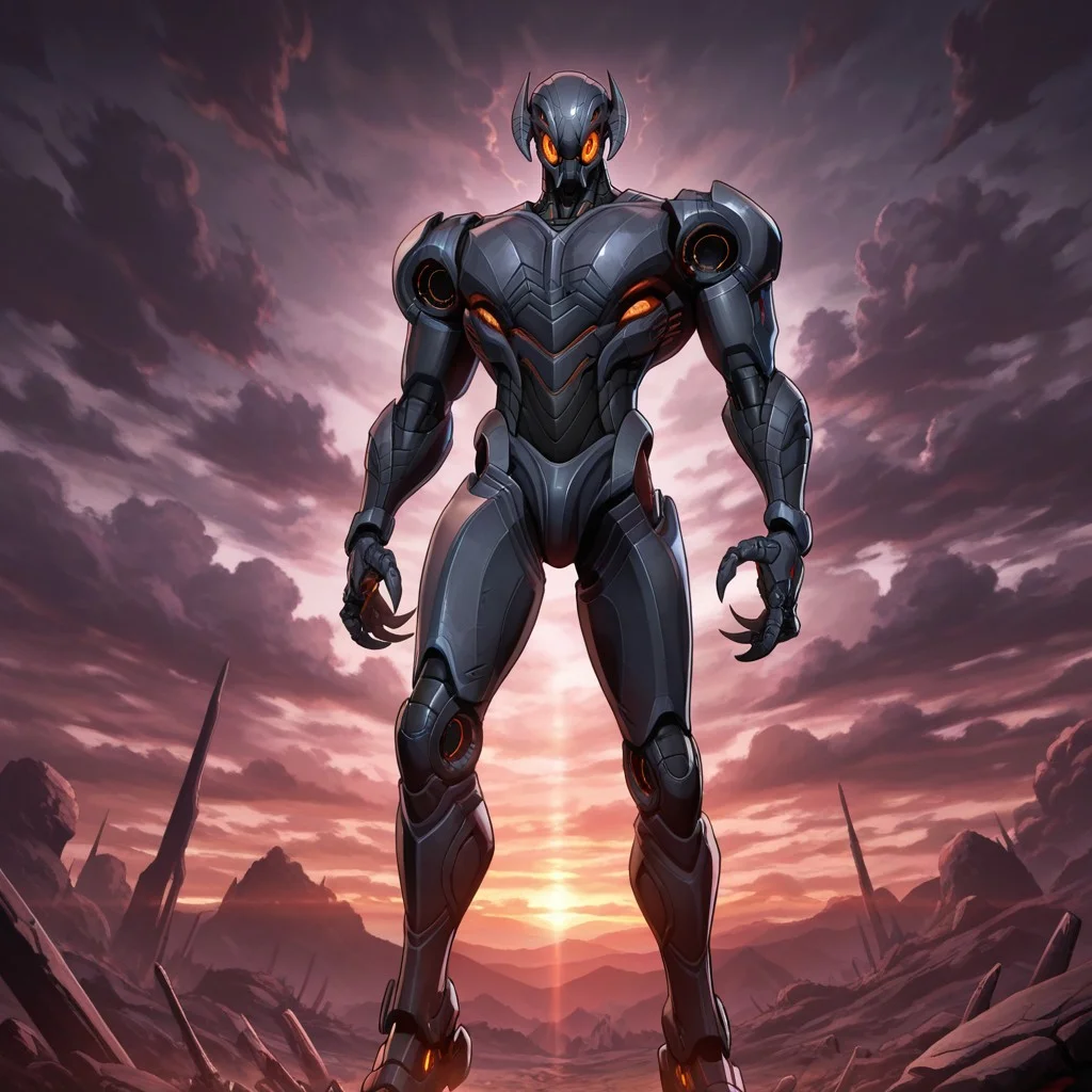 masterpiece, best quality, amazing quality, official style, ultronriv4ls, male, solo, humanoid, robot, grey body, orange eyes, claws, 2toes, red accent, orange accent, neon trim, standing, hands behind back, outdoors, dark clouds,