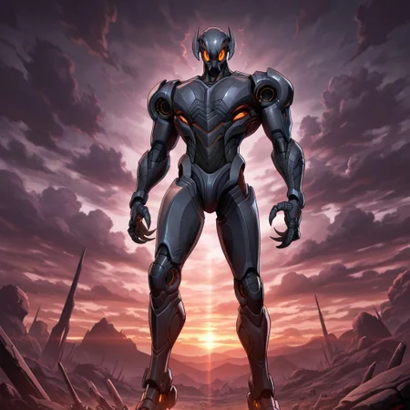 masterpiece, best quality, amazing quality, official style, ultronriv4ls, male, solo, humanoid, robot, grey body, orange eyes, claws, 2toes, red accent, orange accent, neon trim, standing, hands behind back, outdoors, dark clouds,