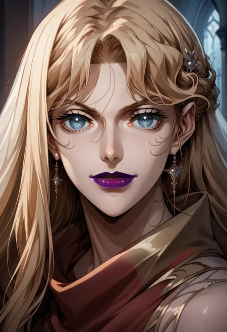 source_anime, (C4STL3V4NI4), ((score_9)),score_8_up,score_7_up,score_6_up,score_5_up,score_4_up,<lora:Castlevania_Style_Pony-v1:0.7>, Castlevania_Style, Castlevania Style, 1woman, brita_(darker_than_black), long_hair, blonde_hair, blue eyes, purple_lips, vampire,