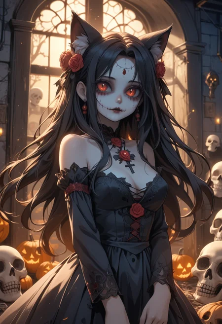 score_9, score_8_up, score_7_up, score_6_up, dynamic, (anime, masterpiece), best quality, (8k), detailed background, sharp focus, intricate, ambient lighting, super high quality, hyper detailed background, cinematic lighting, adult, double tone long hair, mature, Day of the Dead, embedding:zPDXLxxx, spooky, cat ears, long dress, posing, abandoned house, addDetailXl.MLUV, Nyaomi<lora:Nyaomi.safetensors:1.0:1.0> <lora:addDetailXl.MLUV.safetensors:1.0:1.0>