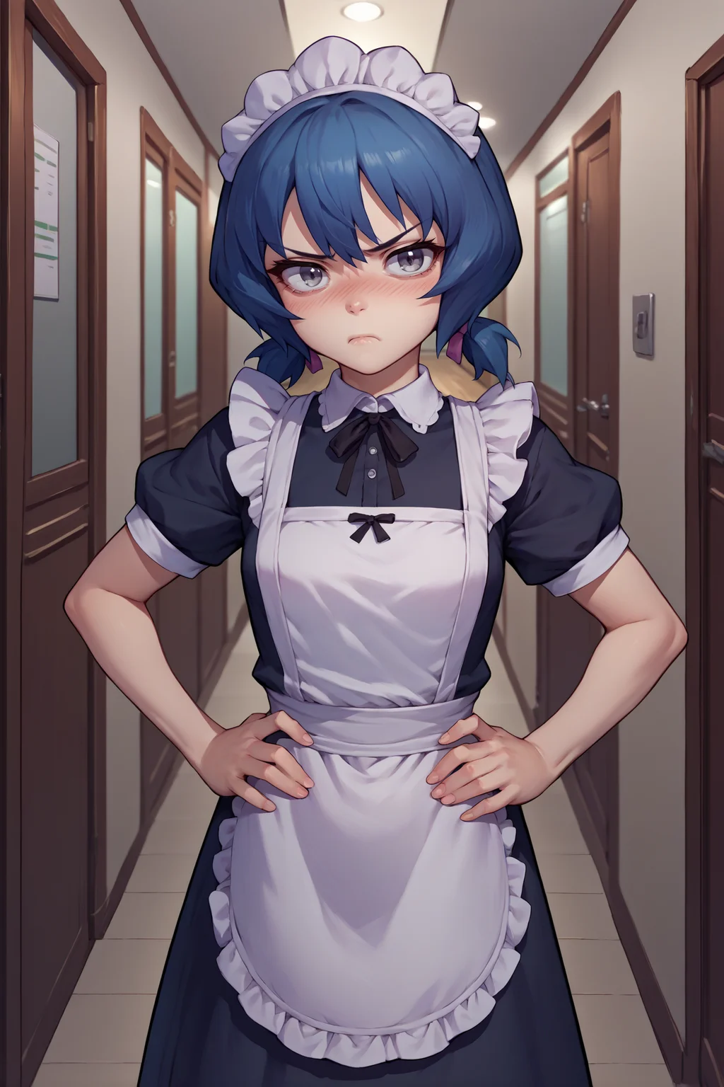 score_9, score_8_up, score_7_up, score_6_up, source_anime, 1girl, solo <lora:funabori-pdxl-nvwls-v1-000005:1> funabori, dark blue hair, grey eyes, short twintails, maid headdress, maid dress, pout, looking at you, annoyed, apron, blush, indoors, hallway, hands on hips