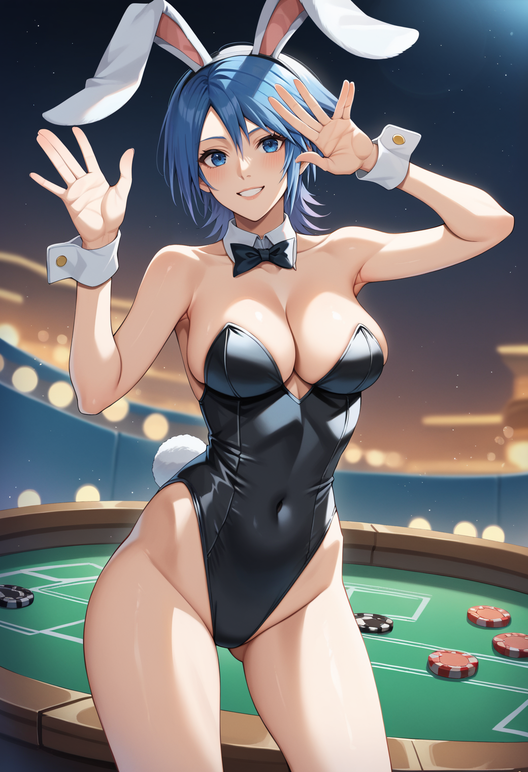 score_9,score_8_up,score_7_up,source_anime BREAK <lora:Aqua_(Kingdom_Hearts)_V2:0.8>,high detail,good hands,perfect hands,1girl,solo,aqua (kingdom hearts),bare shoulders,smile,playboy bunny,strapless leotard,rabbit ears,cleavage,cowboy shot,casino