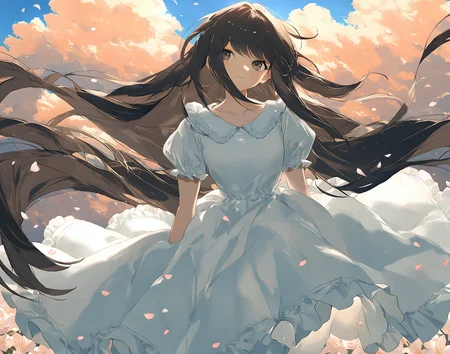 <lora:potgXLlokr4f:0.8>,masterpiece,best quality,Cinematic Lighting,
<lora:jiuXL:0.9>,
long hair,1girl,solo,dress,flower,black hair,white dress,sky,cloud,outdoors,bangs,white flower,very long hair,blue sky,(frilled dress:0.8),day,petals,999,face,cowboy_shot,looking_at_viewer,<lora:zeroA:0.7>,