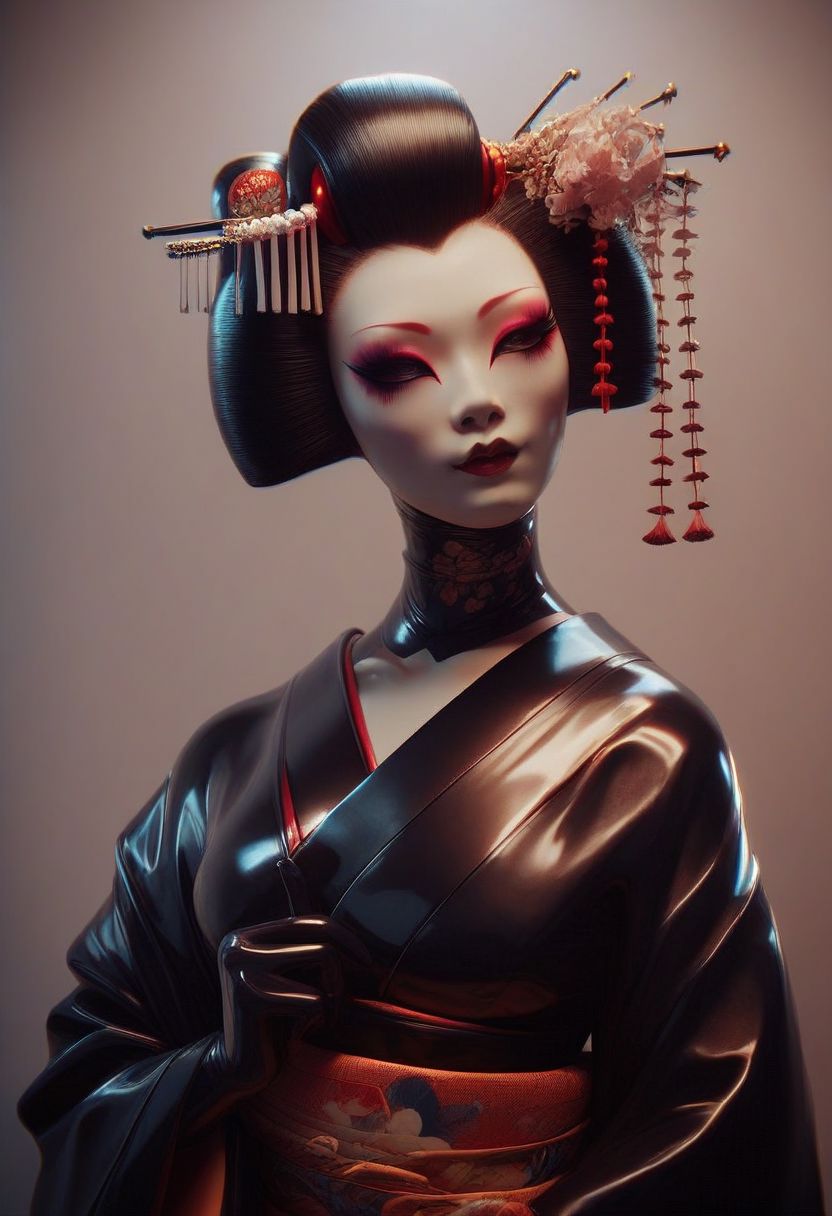 score_9, score_8_up, score_7_up, 1girl, latex kimono, eyeshadow, HAIR ORNAMENT,