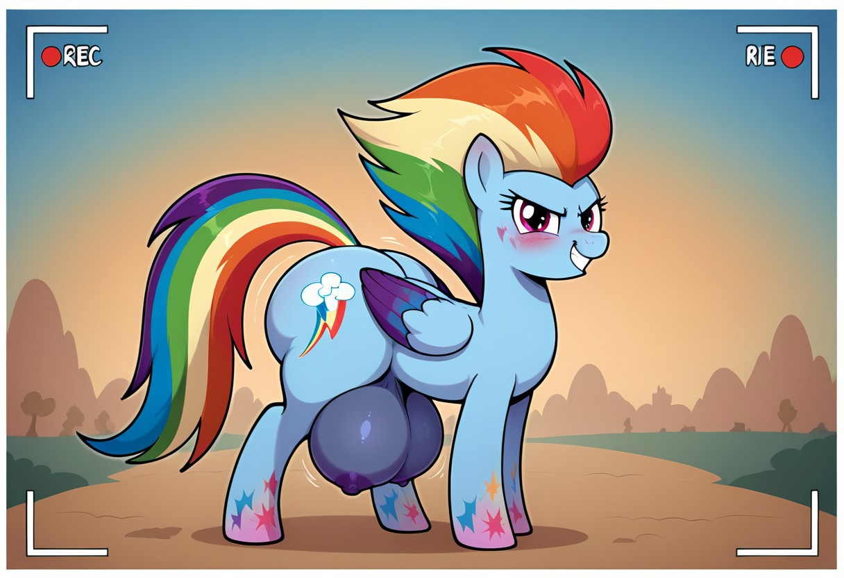 score_9, score_8_up, score_7_up, masterj291´Style, highres, hi res, best quality, masterpiece, <lora:add-detail-xl:.5>, my little pony, solo, background, detailed background, ((my little pony, <lora:mlp: fim - rainbow power - rainbow dash:1>, rainbow dash, rainbow power, determined smile, hooves, fantasy lighting, blue pegasus, large butt, grin, striped mane, gradient hooves, border, stylized rainbow mane)
), thoughtful expression, blushing expression, equine, fat ass, feral, huge ass, huge butt, plump, pony, quadruped, thick thighs, looking at the viewer ,ass crack,standing ,(Feral Pony, Pony Form, Huge crotchboobs,purple nipples, Hyper hips, thick thighs, hyper butt,large butt, butt overhang),sexy and cute thin legs,alicorn,horny,empty eyes, recording, twilight's kingdom, TWERKING