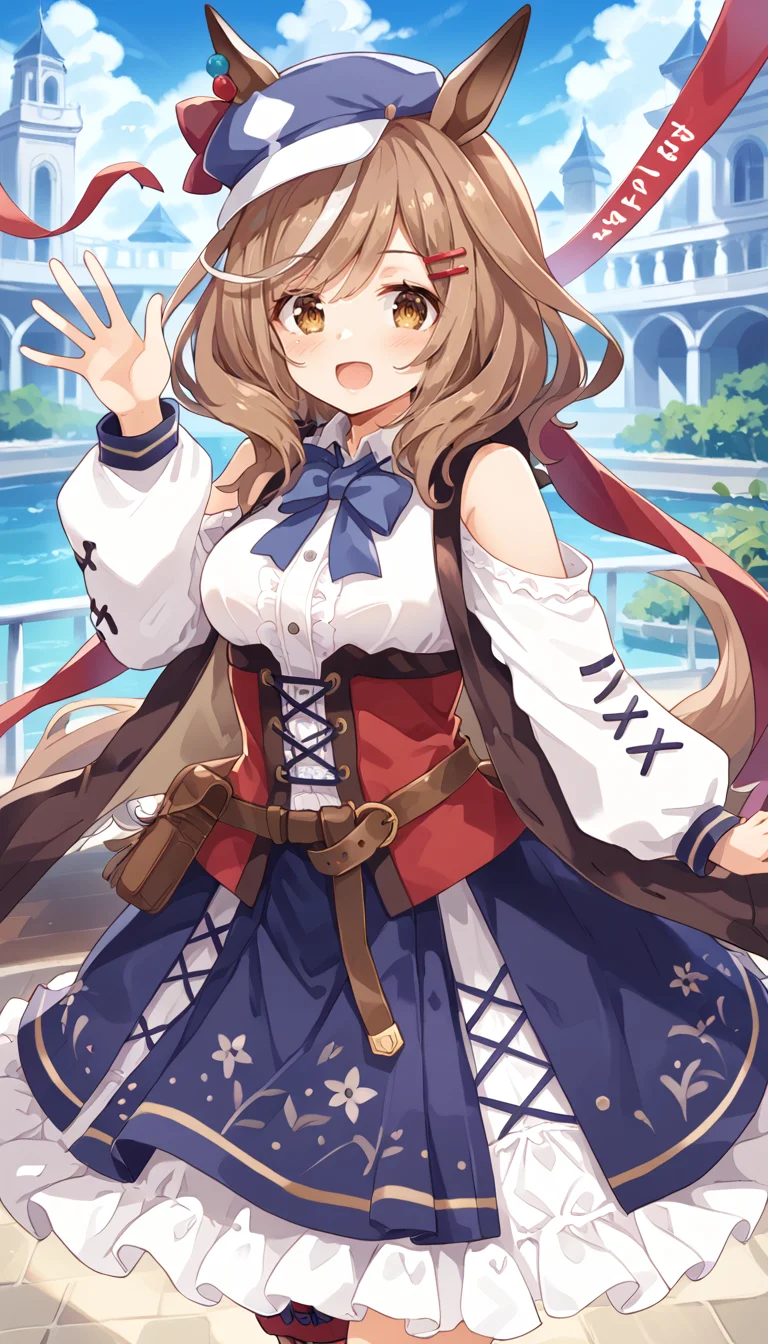 score_9,score_8_up,score_7_up,official art,masterpiece,high quality,megami magazine,official style,game cg,ao banana,
1girl,
mkt race, matikane tannhauser (umamusume),
animal ears, belt bag, blush, bow, brown hair, cabbie hat, ears through headwear,
hair ornament, hairclip, hat, highres, horse ears, horse girl, horse tail,
medium hair, multicolored hair, streaked hair, tail, white hair,
belt, brown eyes, clothing cutout, shoulder cutout, boots,
ribbon, yellow eyes, blue headwear, dress, ear piercing, piercing,
belt buckle, buckle, hair between eyes, blue bow, blue hat,
collared shirt, long sleeves, puffy long sleeves, puffy sleeves,
shirt, white shirt, bare shoulders, blue skirt, frilled skirt, frills, skirt,
bowtie, brown footwear, corset, frilled dress, socks, ear ornament,
blue bowtie, belt pouch, pouch, bangs, eyebrows visible through hair,
center frills, tilted headwear, two-tone hair, waving, detached sleeves,
brown jacket, jacket, sleeveless, sleeveless jacket,
long dress,
standing,<lora:umamusume_matikane_tannhauser_pony_v1:1>,