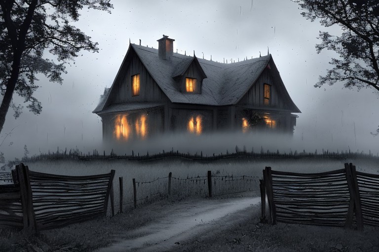 RAW photo, (masterpiece:1.3), subsurface scattering, heavy shadow, (high quality:1.4), (intricate, high detail:1.2), professional photography, HDR, High Dynamic Range, realistic, ultra realistic, photorealistic, high resolution, film photography, ambient lighting, atmospheric effects, <lora:detail_slider_v4:2>, OverallDetail, sinister and dark fantasy farmhouse, fields, fence, RAIN, fog, fantfa, <lora:FantasyFarm:1>