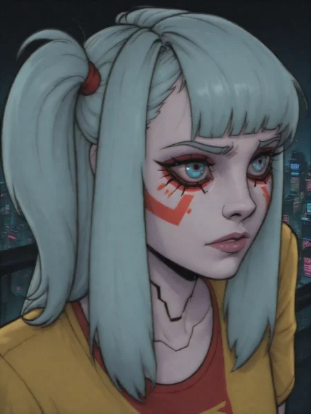 mythic_cyberpunk_style,YaroslavKorneplod, 1girl, solo, blue nectie, one side up, breen hair, red t-shirt, yellow shirt, facepaint,city,in the night,portrait,<lora:Conway:0.8>,<lora:Mythic Cyberpunk style:1.0>