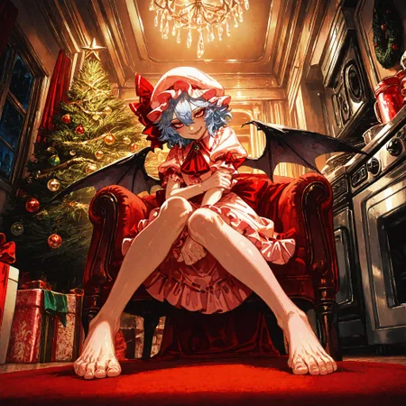 1girl, remilia_scarlet , chrlib, scenery, indoors, living room, night, oven, christmas tree, christmas ornaments, red carpet, blue_hair, short_hair, hair_between_eyes, red_eyes, wings, bat_wings, hat, mob_cap, ribbon, shirt, short_sleeves, red_ribbon, bow, puffy_sleeves, pink_hat, ascot, frills, red_ascot , , looking at viewer, ,naughty face,flat chest, sitting,feet, barefoot,foot focus,facing viewer,from below,holding on own arm,
, Fishine,ireading ,noya_makoto ,quasarcake, retro_artstyle, retro,looking_at_viewer ,
masterpiece, best quality, amazing quality, very aesthetic, absurdres, newest, <lora:ponyv5_noobE11_1_adamW:0.6>, <lora:add-detail-xl:0.5>, <lora:cfg_scale_boost:0.5>, <lora:retro_scifi_artstyle:0.6>, <lora:USNR STYLE_XL_loha:0.6>, <lora:Christmas living room:0.6>
