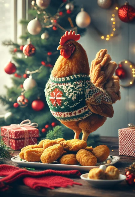 Monstrosity chicken. Eggs. Christmas tree. Chicken nuggets. Deep fried. 
ChristmasSweater,
