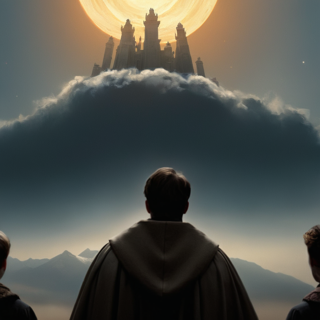cinematic film still of  <lora:perfection style:0.6>
 <lora:Chiaroscuro Lighting Style:0.6>
 <lora:carcosa city style v2:0.9>
In an ancient and mysterious world a painting of a man in a crown and two women in robes,standing,male focus,multiple boys,sky,cloud,signature,hood,2boys,from behind,cape,crown,cloak,robe , detailed, real, different, unique, cinematic, dramatic, concept art, black hole, filmic, detailed background, detailed settings, artstation, carcosa city style, shallow depth of field, vignette, highly detailed, high budget, bokeh, cinemascope, moody, epic, gorgeous, film grain, grainy
