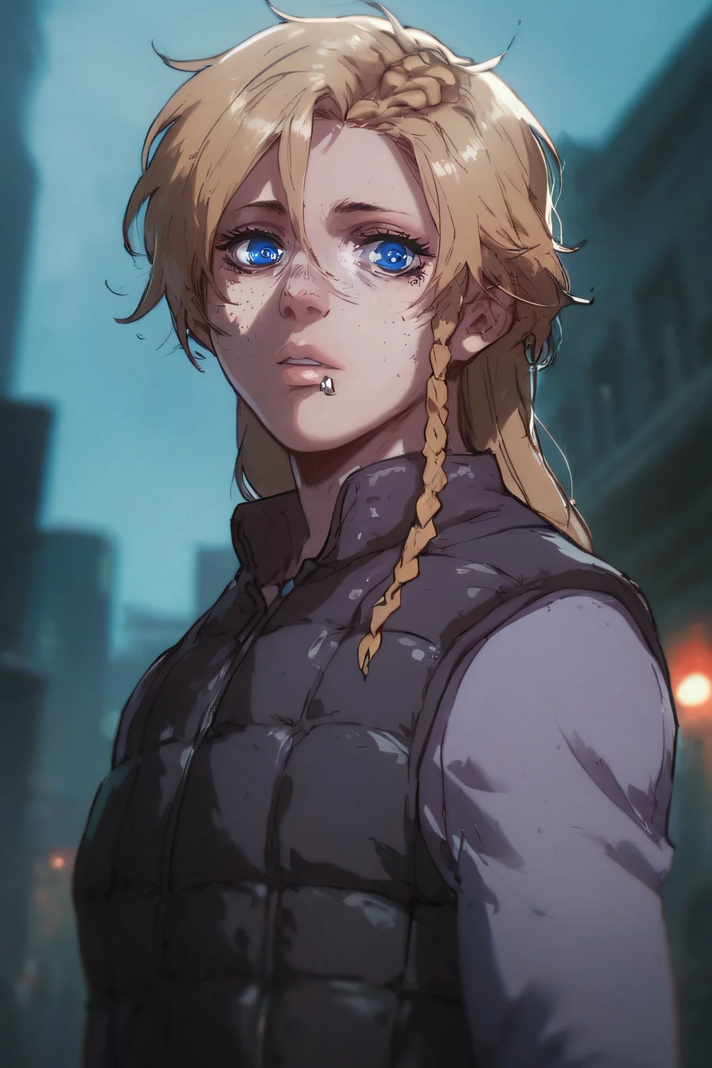 score_9,score_8_up,score_7_up, looking at viewer,
mary, 1girl, solo, long hair, blue eyes, blonde hair, braid, side lip piercing, freckles,
grey shirt, grey shirt, long sleeves, vest,
outdoors, city,
<lora:sinfully_stylish_SDKL:0.8> <lora:Expressive_H:0.5> <lora:1dkXLP:0.5> <lora:Mary_Steinberg-11:1>