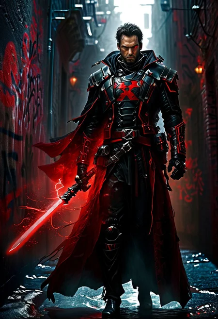 (a nqstrman man in a black and red outfit, holding a power sword, in the dark shadowy city alley, long coat billowing, strange graffiti on walls, stern gaze), evening, darkness, (vignette), high quality, photo realistic, HD, hyperdetailed, Nikon 15mm f/1.8G, studio photography