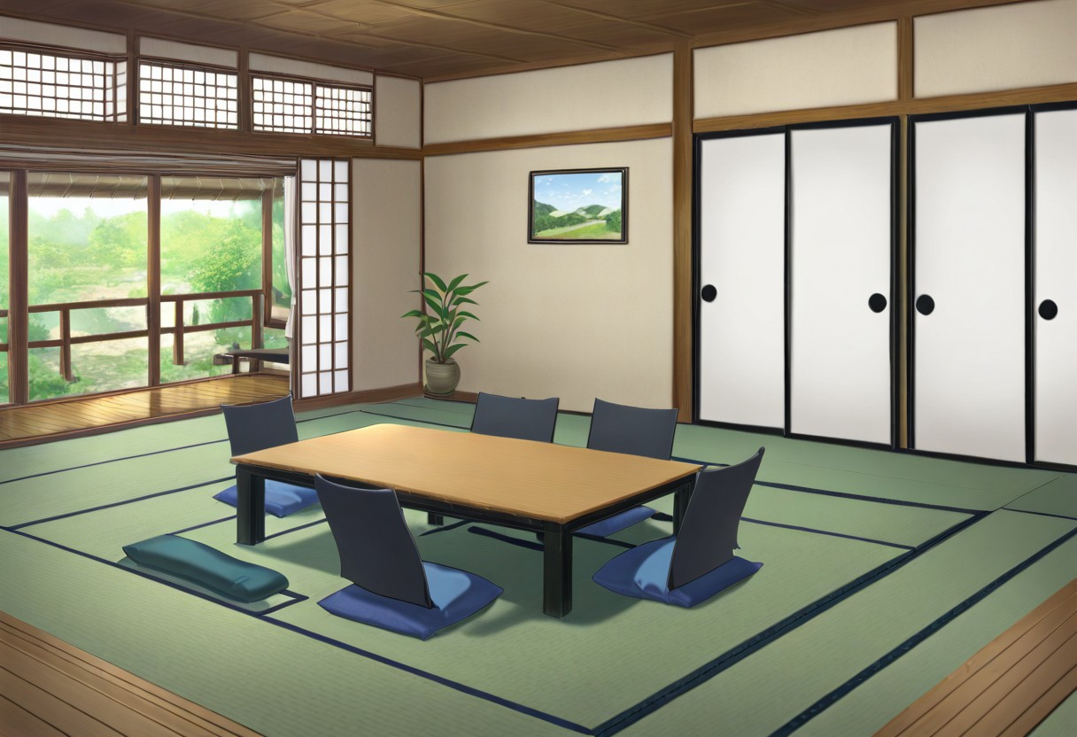 tatami room, no humans, table, scenery, indoors, plant, vase, window, curtains, cushion, flower, sliding doors, pillow, potted plant,tatami room,, (almic:0.9),(ogipote,akakura:0.8),(sincos,karyln,momisan :0.8),