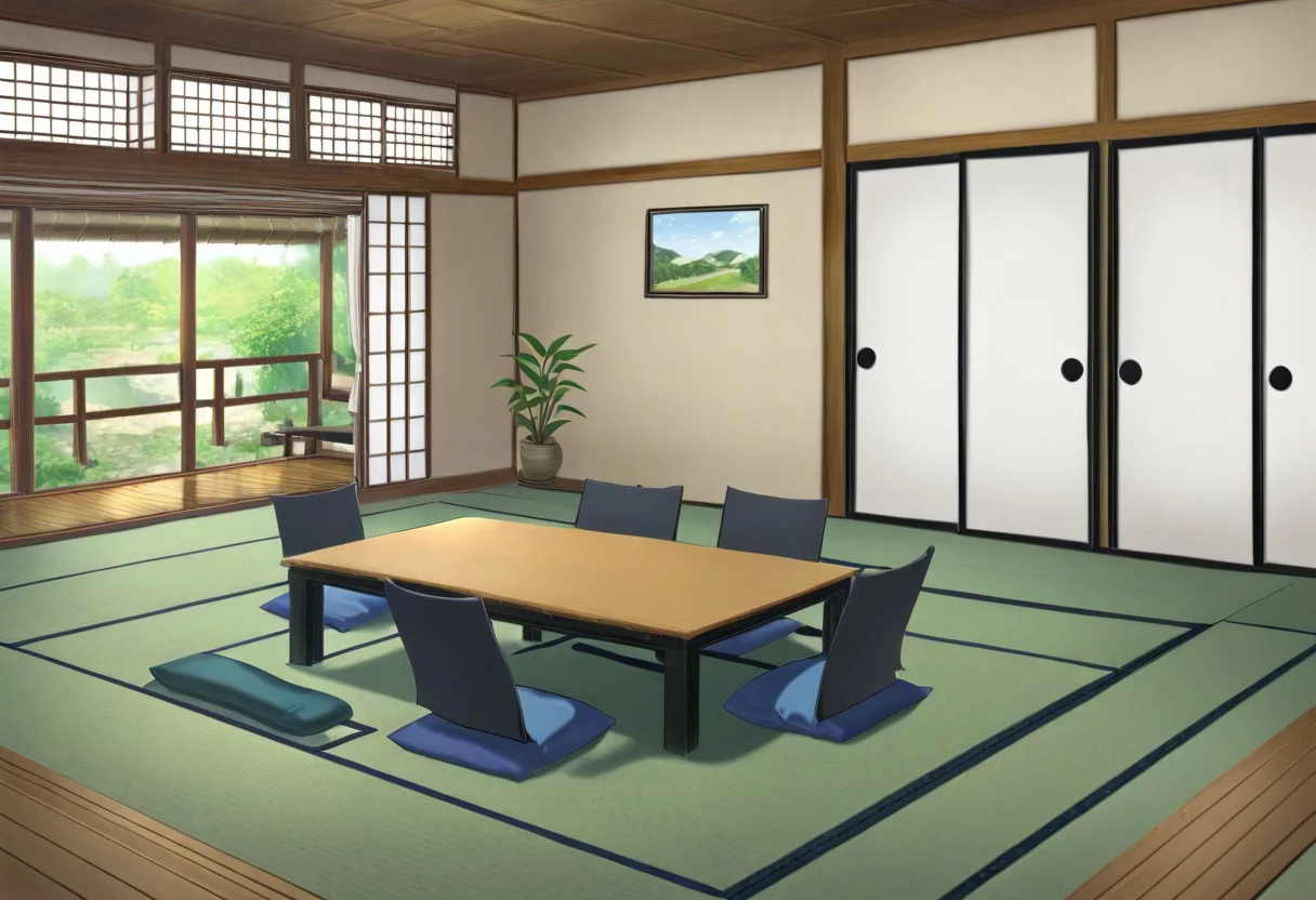 tatami room, no humans, table, scenery, indoors, plant, vase, window, curtains, cushion, flower, sliding doors, pillow, potted plant,tatami room,, (almic:0.9),(ogipote,akakura:0.8),(sincos,karyln,momisan :0.8),
