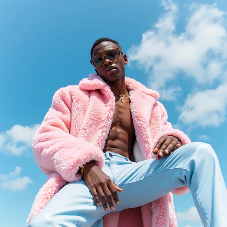 aesthetic_pos3, dynamic_pos3, Young dark-skinned man in a pink fur coat and dark sunglasses, viewed from a low angle against a blue sky with clouds. He’s wearing light blue leather pants, showcasing a bold, stylish look.