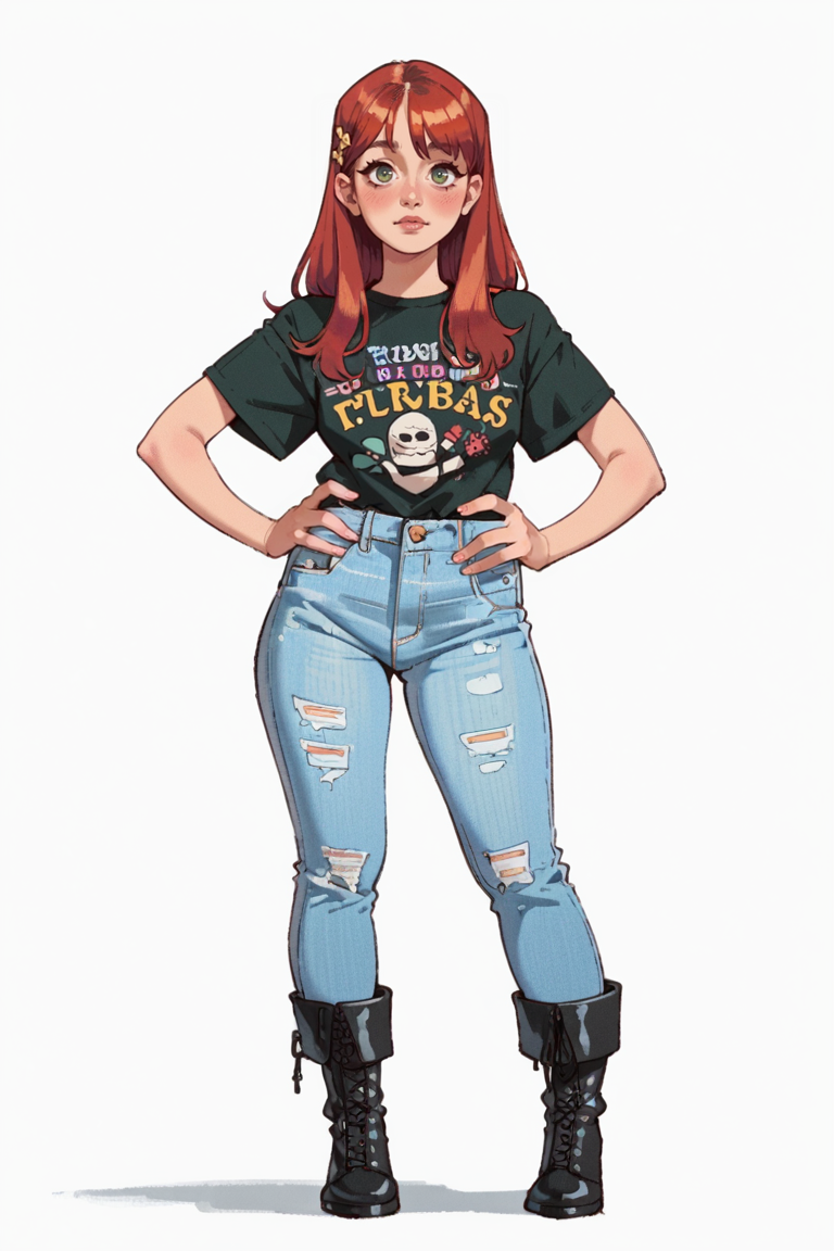 <lora:RealMix23:1>, score_9, score_8_up, score_7_up, score_6_up, score_5_up, rating_questionable, source cartoon
1girl, pretty face, pretty eyes, detailed eyes, HD eyes, thick thighs
hands on hips, standing, cowboy shot
looking at viewer, blush, eyebrows, long hair, red hair, green eyes jeans, green t-shirt, boots, high waisted jeans
simple background, white background