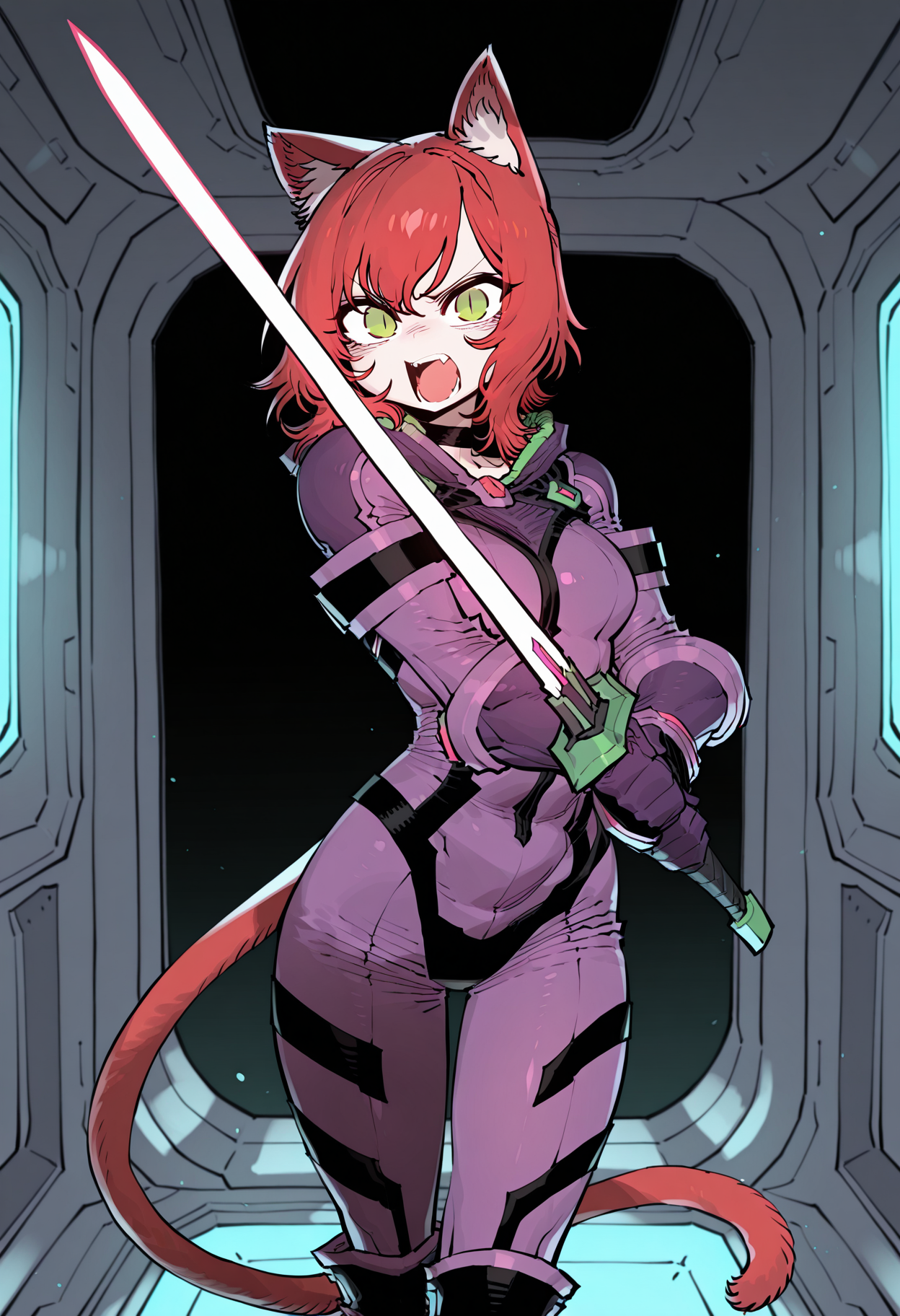 solo, spacecraft interior,
1girl, skinny, catgirl, red tail, red cat ears, bob hair, red hair, green eyes, slit pupils,
purple bodysuit, armor suit, high boots, high gloves, choker, good hands, holding sword, glowing sword,
front view, standing, dynamic pose, cowboy shot, looking at viewer, angry, open mouth,
<lora:SSAMBAteaIL-style:1>, ssambatea,masterpiece,best quality,amazing quality,