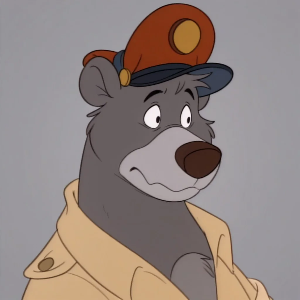masterpiece, best quality, amazing quality, baloots, male, furry male, anthro, solo, sloth bear, grey fur, two tone fur, grey muzzle, brown nose, black eyes, claws, brown shirt, red pilot cap, neutral expression, looking aside, grey background