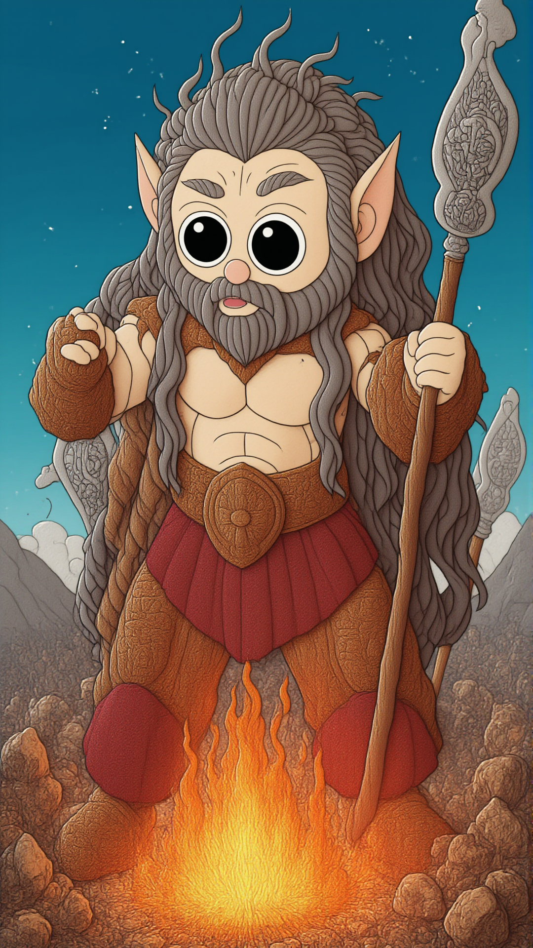 <lora:KawaiisStyle:1>kawaii style The Gigantes, the race of giants born from Gaia. Towering figures with wild hair and beards, wielding massive weapons. They are depicted in a furious battle with the Olympian gods, surrounded by flames and rubble.