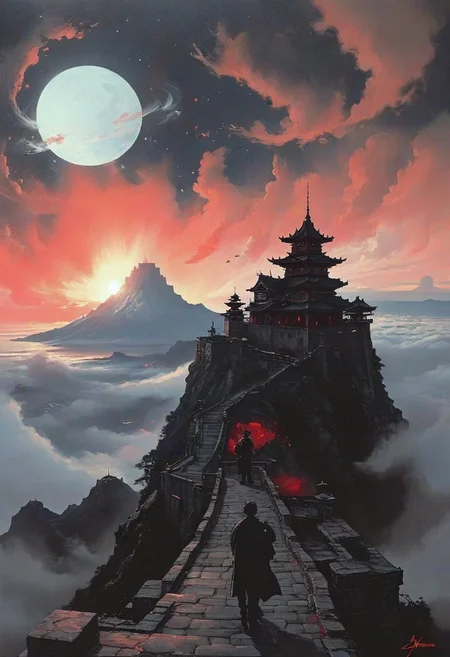 score_9, panorama landscape, architecture, street market, street, outdoor market, sunset, dracula japan village, Japan, enchanted fortress and fortified castle, above the clouds, mystical atmosphere, detailed stone and wood walls, europinian man, 50 years old, devil, blood, bloody mist swirls around, weibo, drawing, formal, black hair, devil horns, double halo, hunter eyes, holding finger to lips, shush, intimidating retro 90's, red, black, science fiction, a dark sky lit by the glow of distant moons and neon lights. rockpunk, yoji shinkawa, James Jean, Ayami Kojima, village<lora:EnvySendNoodzXL01:-2><lora:EnvyZoomSliderXL01:.5>, <lora:EnvyPanoramaXL01:0.5>