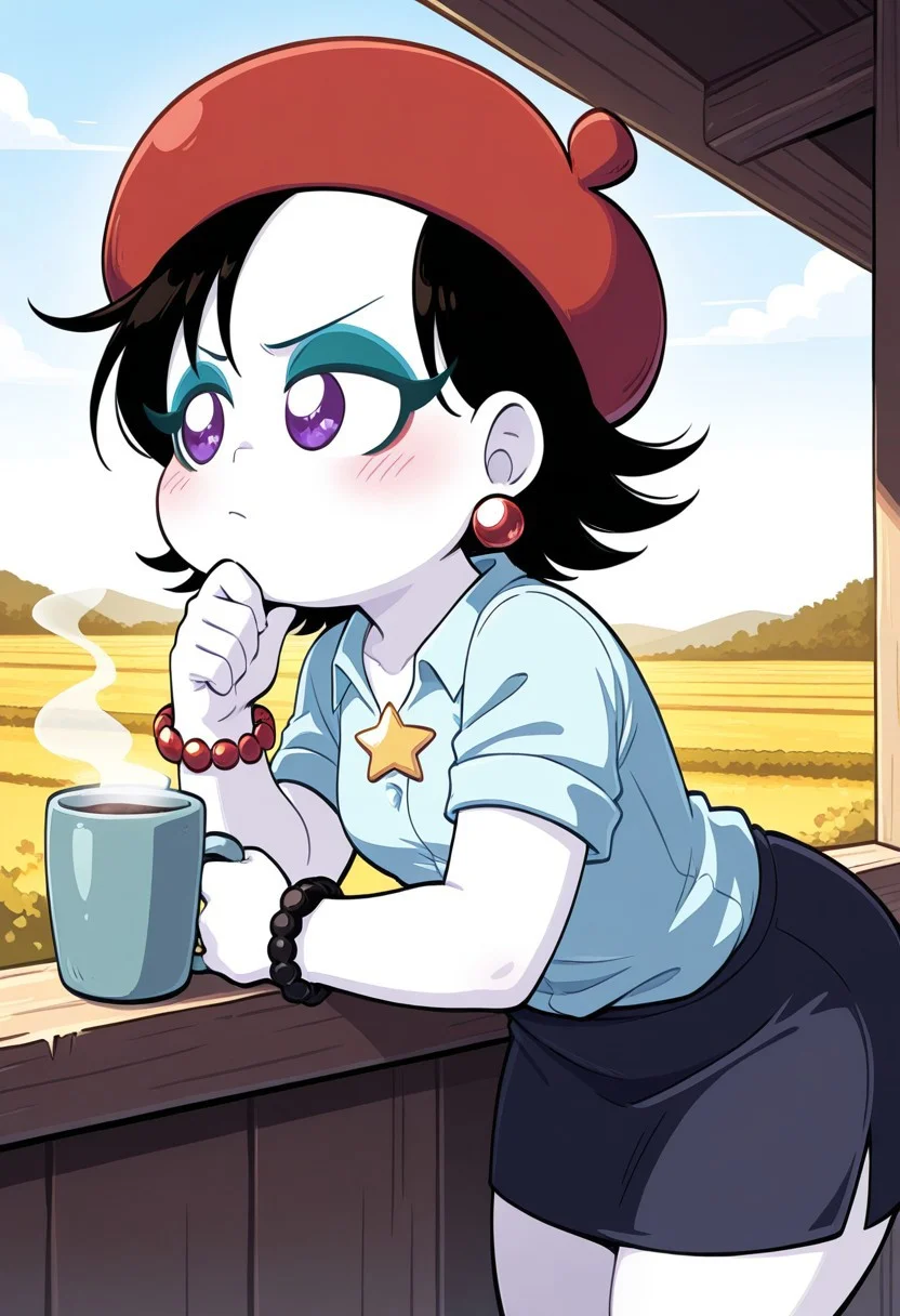masterpiece, best quality, 1girl, solo, adeleine_KG, white skin, purple eyes, short hair, black hair, eyelashes, eyeliner, eyeshadow, red beret, earrings, star necklace, bracelet, button-up shirt, skirt, cute face, blush, thinking, closed mouth, shortstack, small breasts, hand under chin, holding mug, steam, leaning forward, elbow on windowsill, outside view, countryside, three-quarter view