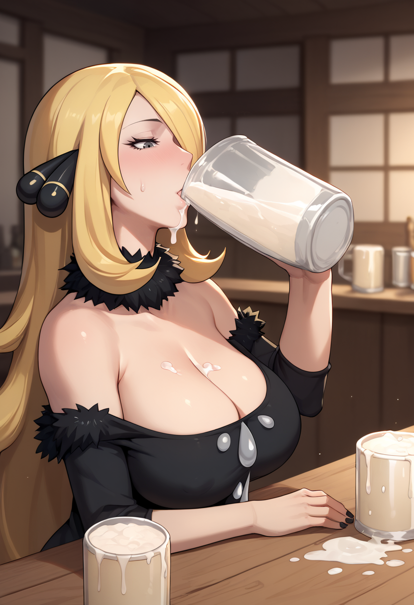 score_9, score_7_up, 1girl, drinking cum,   beer mug,   <lora:Gokkun 3-000008:1>   cynthia \(pokemon\),