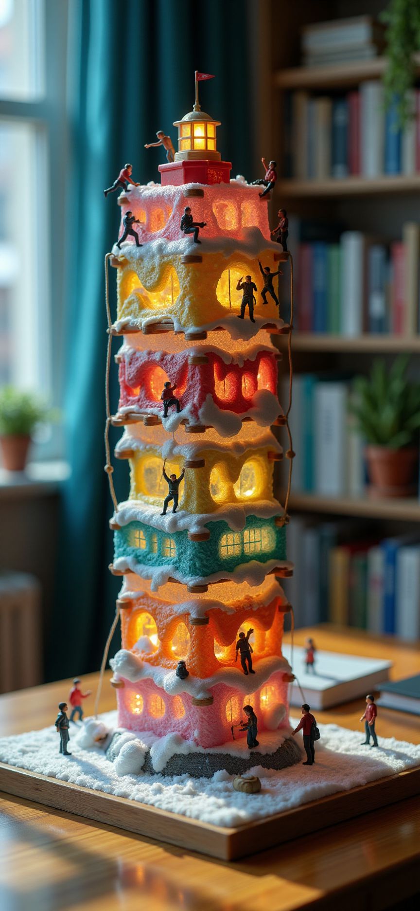 (indoors,indoor,isometric view,side view,tilt-shift lens:2), (fna_style,miniature,miniature,diorama,miniature,diorama,PVC,plastic:2),starry night,winter giant (randomly multi stack up,multi layer of candy cubic vertical:2.5)  is located center, people are climbing with ropes, (in wooden square plate:3) (on table at study:3) <lora:Fantasy_Novel_Art_Style:1> <lora:Rostpunk:0.3>