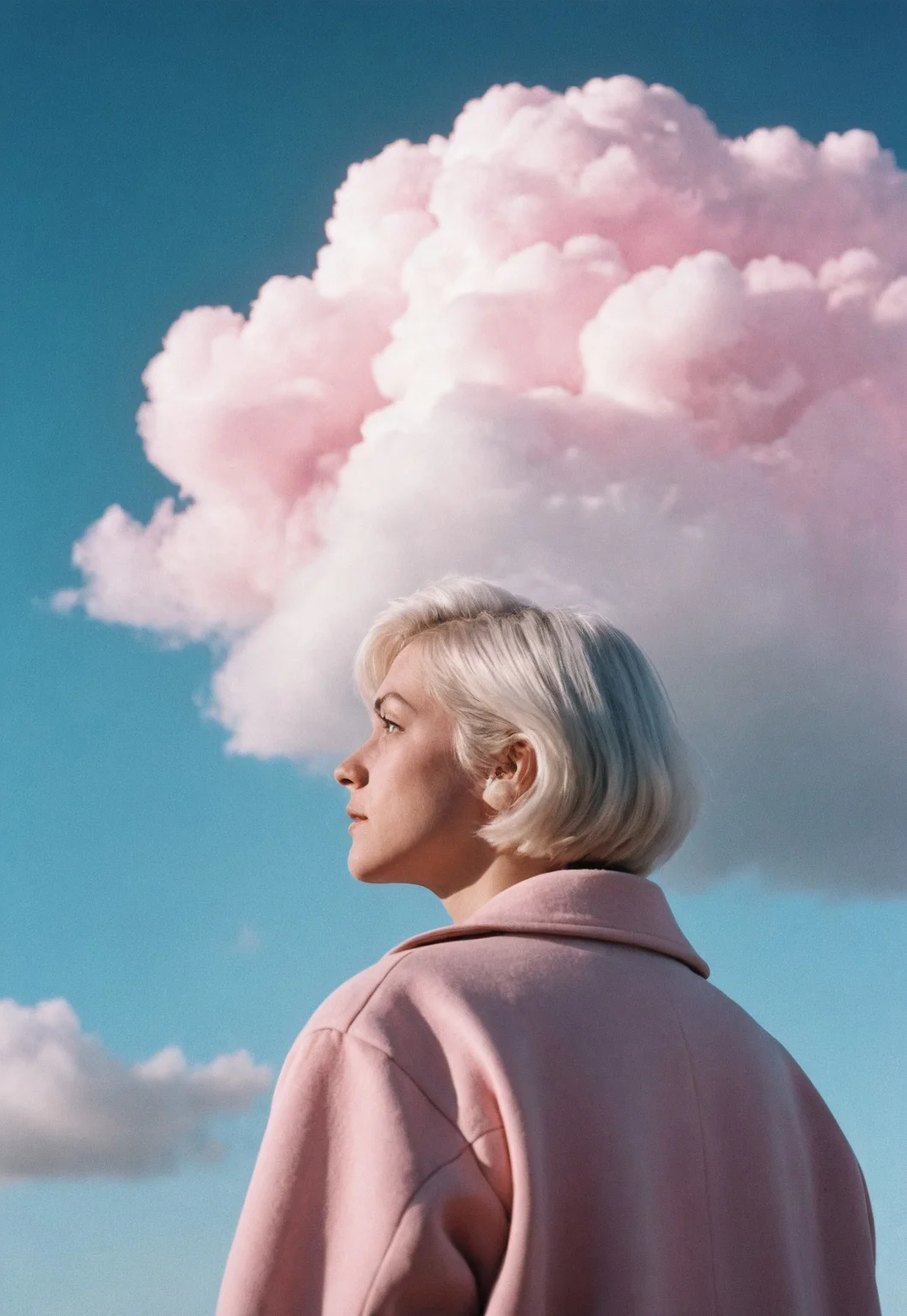 Vintage film photography aesthetic, Close up of a Girl with short white hair wearing pink cotton coat Standing with her back to the camera, Looking up, A huge iridescent Cloud, Clear pale blue sky, Nikon F3, NIKON NIKKOR 24MM F/2.8 AIS LENS, F/4, ISO 100, agfa vista 400 Film, 35mm film, halation, Colour Density, Pastel colour palette, Film Grain