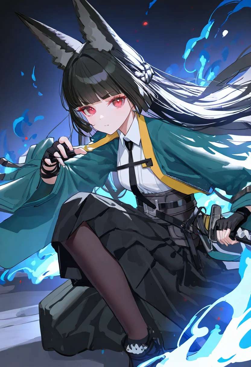 1girl, hoshimi miyabi, gloves, fingerless gloves, green jacket, skirt, black necktie, necktie, pantyhose, black gloves, black skirt, weapon, shirt, sword, jacket, white shirt, fighting stance, on one knee, braid, ready to draw, sheath, blue fire, looking at viewer, collared shirt, french braid, solo, wide sleeves, blunt bangs, black footwear, long sleeves, fire, katana, sheathed, open jacket, closed mouth, belt, open clothes, holding sword, black pantyhose, holding weapon, hime cut, one-eyed, black belt, pleated skirt, holding, floating hair, long skirt
(artist:reoen:0.826446),artist:machi,(artist:ningen_mame:0.9),(artist:sho_(sho_lwlw):0.9),(artist:rhasta:0.9),(artist:wlop:0.7),(artist:ke-ta:0.6),(fkey:0.5),(tianliang duohe fangdongye:0.5),(hiten \(hitenkei\):0.6),best quality,amazing quality,(artist:onineko:0.826446),very aesthetic,
masterpiece,year 2024,newest,highres,absurdres,
<lora:xingjianya_NoobVpred65S:1>,