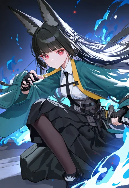 1girl, hoshimi miyabi, gloves, fingerless gloves, green jacket, skirt, black necktie, necktie, pantyhose, black gloves, black skirt, weapon, shirt, sword, jacket, white shirt, fighting stance, on one knee, braid, ready to draw, sheath, blue fire, looking at viewer, collared shirt, french braid, solo, wide sleeves, blunt bangs, black footwear, long sleeves, fire, katana, sheathed, open jacket, closed mouth, belt, open clothes, holding sword, black pantyhose, holding weapon, hime cut, one-eyed, black belt, pleated skirt, holding, floating hair, long skirt
(artist:reoen:0.826446),artist:machi,(artist:ningen_mame:0.9),(artist:sho_(sho_lwlw):0.9),(artist:rhasta:0.9),(artist:wlop:0.7),(artist:ke-ta:0.6),(fkey:0.5),(tianliang duohe fangdongye:0.5),(hiten \(hitenkei\):0.6),best quality,amazing quality,(artist:onineko:0.826446),very aesthetic,
masterpiece,year 2024,newest,highres,absurdres,
<lora:xingjianya_NoobVpred65S:1>,