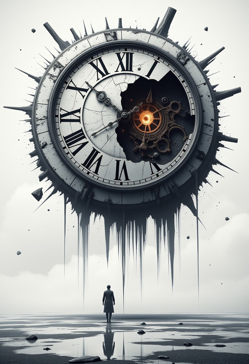 A colossal, floating clock hovers in an endless white void, its surface cracked and worn as if eroded by time itself. The clock hands move erratically, sometimes stopping, reversing, or speeding up. Ethereal, glowing symbols flicker around its edges, hinting at an ancient mechanism beyond human understanding. Pieces of the clock periodically break off and float weightlessly around it, frozen mid-air before disintegrating into dust. Below the clock, shadowy tendrils drip downward, as if reality itself is melting away. The composition is both grand and surreal, evoking a sense of time unraveling in an infinite, empty expanse.