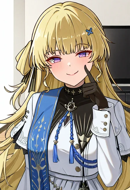 1girl, solo, phoebe wuthering waves, blonde hair, purple eyes, black gloves, blue sash, side cape, blue cape, long sleeves, white dress, white pantyhose, looking at viewer,
viewer poking cheek, playful smile, raised eyebrow, pov cheek poke, living room, mid-range, upper body, bright afternoon light, casual and teasing
, <lora:Character_Phoebe-000015:0.8>