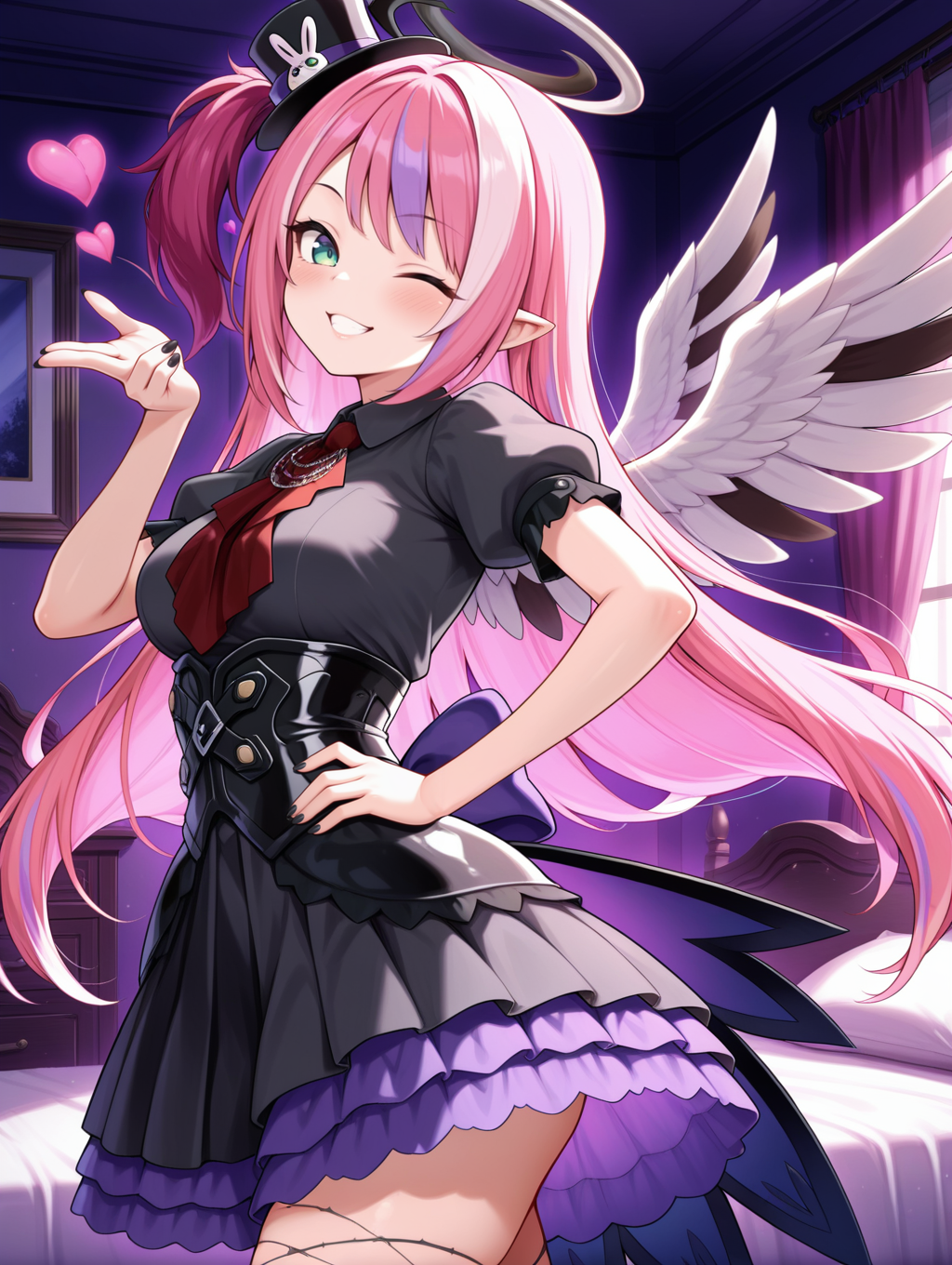 stitched heart,angel,ghostrick angel of mischief,1girl,solo,one eye closed,smile,hand on hip,blush,looking at viewer,grin,medium breasts,black nails,green aura,black layered dress,red ascot,black corset,black mini top hat,veins,from side,blowing kiss,indoors, purple theme, bedroom, 
masterpiece,best quality,amazing quality,very aesthetic,absurdres,newest,<lora:Ghostrick Angel of Mischief illusXL v1:0.75>,