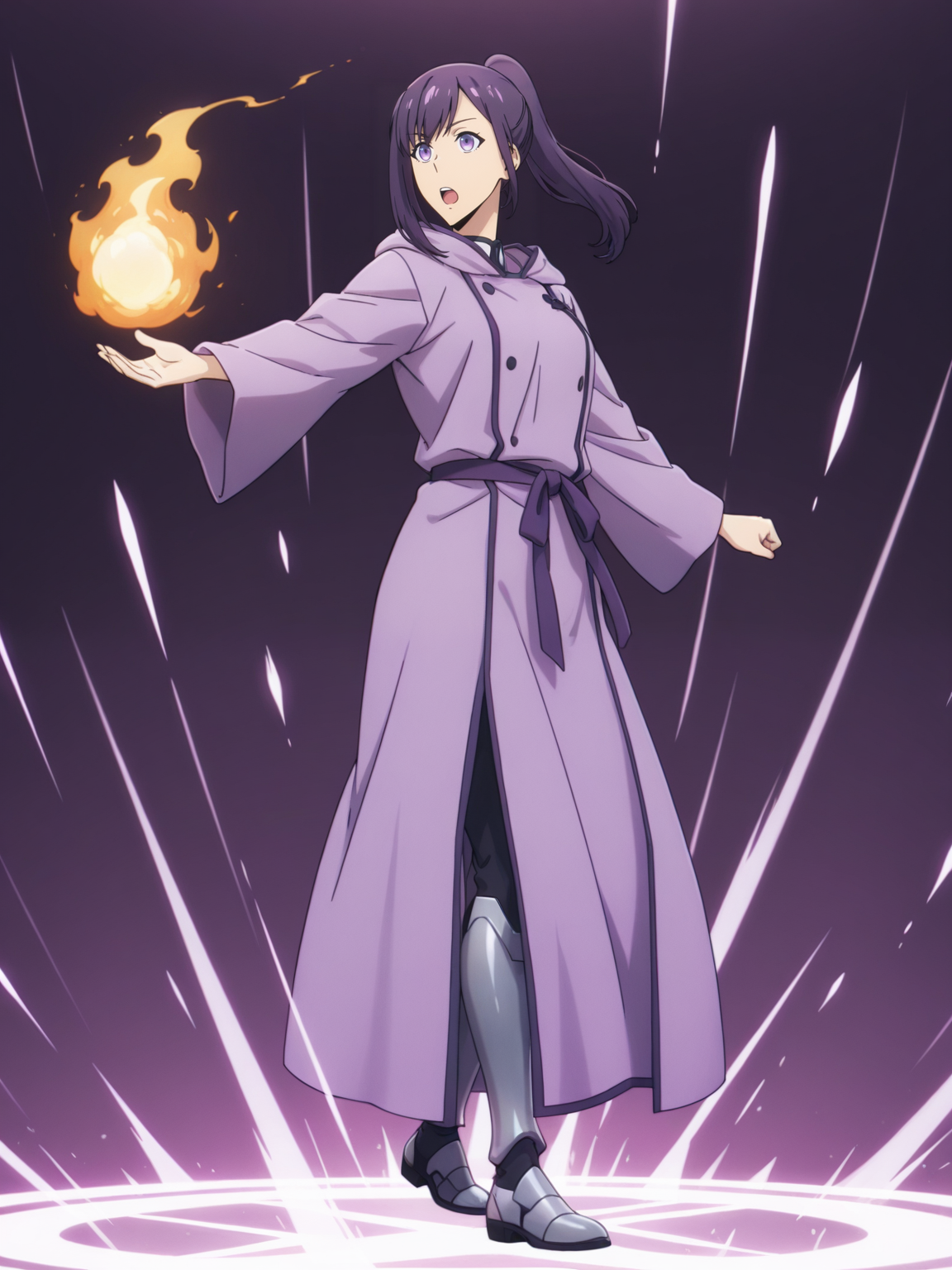 <lora:Sung_JinahIL:1> s_j, 1girl, purple hair, ponytail hair, purple eyes,
magic, magic robe, steel armor,glowing liens, fireball, action, full body, glowing background, magic background