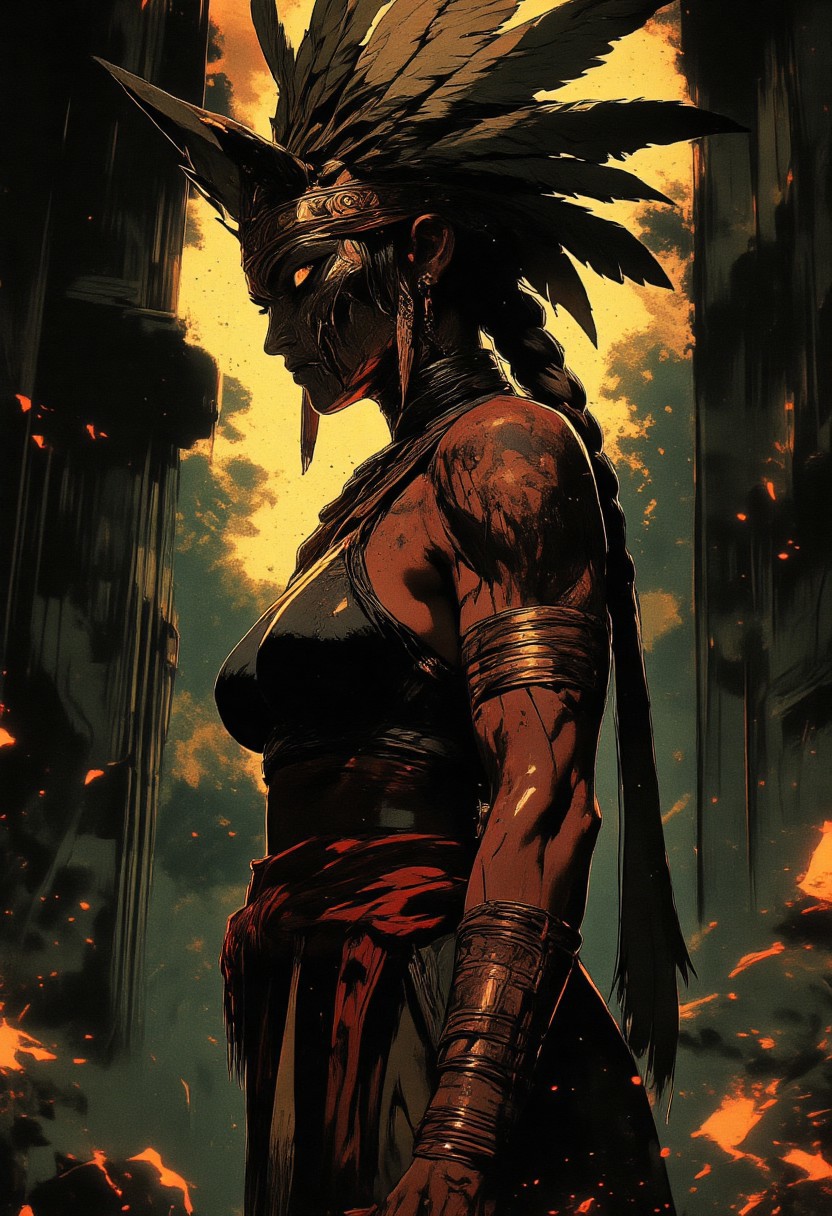 Female aztec warrior, tribal, wolf headdress, Revenant, war paint, face paint, eye black, glowing eyes, in profile, toned arms, braided hair, large breasts, dark and moody background, adds a dramatic tone, subtle lighting reflections, ray traced, foreshortening, particle effect, Holding a sword,