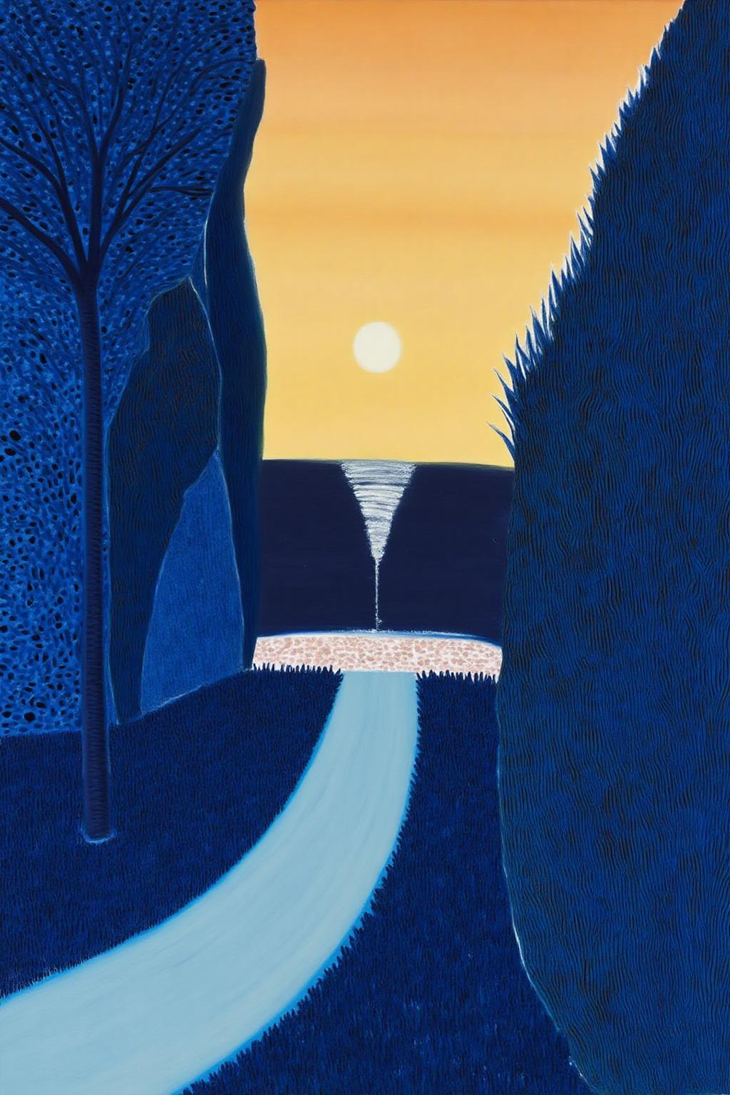 mawo1 painting.
A painting in a surreal, abstract style. The artwork depicts a serene, stylized landscape at sunset. The scene is dominated by a winding, light blue pathway that cuts through the center of the image, leading the viewer's eye towards the horizon. On either side of the path, dense, stylized trees with deep blue foliage create a tunnel-like effect, their trunks and branches rendered in varying shades of blue and purple. <lora:mawo1_cap_d6a3e12:1.0><lora:821385832486319603:0>