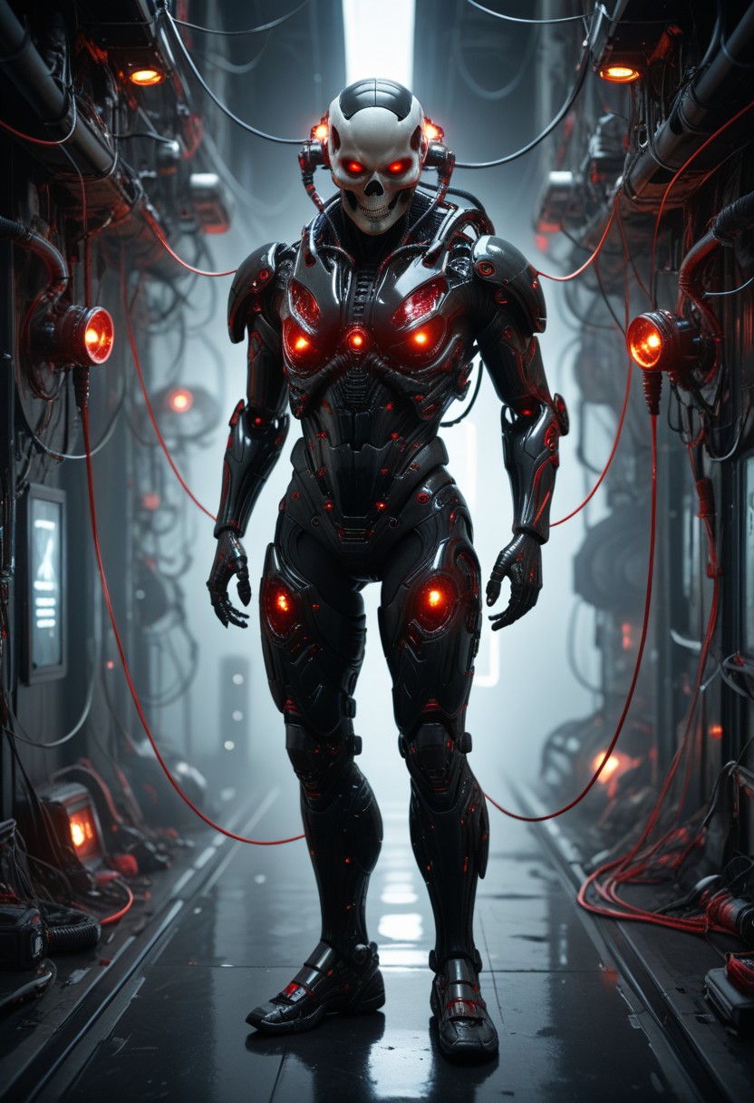 score_9, score_8_up, score_7_up, BExoS, science fiction, glowing eyes, cyborg, humanoid robot, wires, black skull face, red glowing eyes, looking at viewer, standing, (full body focus),