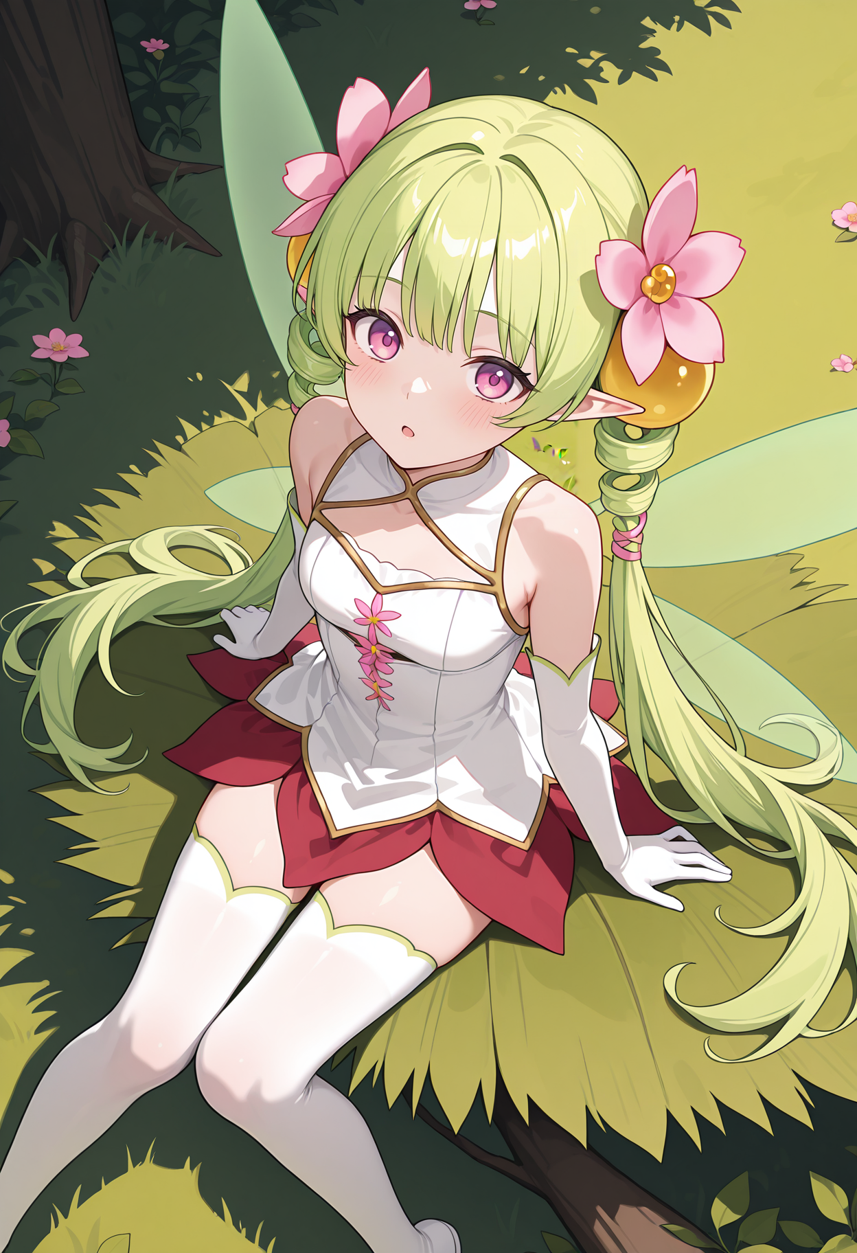 highres, best quality, masterpiece, outdoors, 
1girl, solo, pcrdfio, very long hair, green hair, twintails, drill hair, hair ornament, hair flower, pink flower, purple eyes, pink eyes, fairy, fairy wings,
white dress, sleeveless dress, clothing cutout, red skirt, white gloves, elbow gloves, white thighhighs,
looking at viewer, blush,
sitting on leaf, open mouth, from above,
<lora:_fio_pcr-elesico-ilxlB-000013:1>