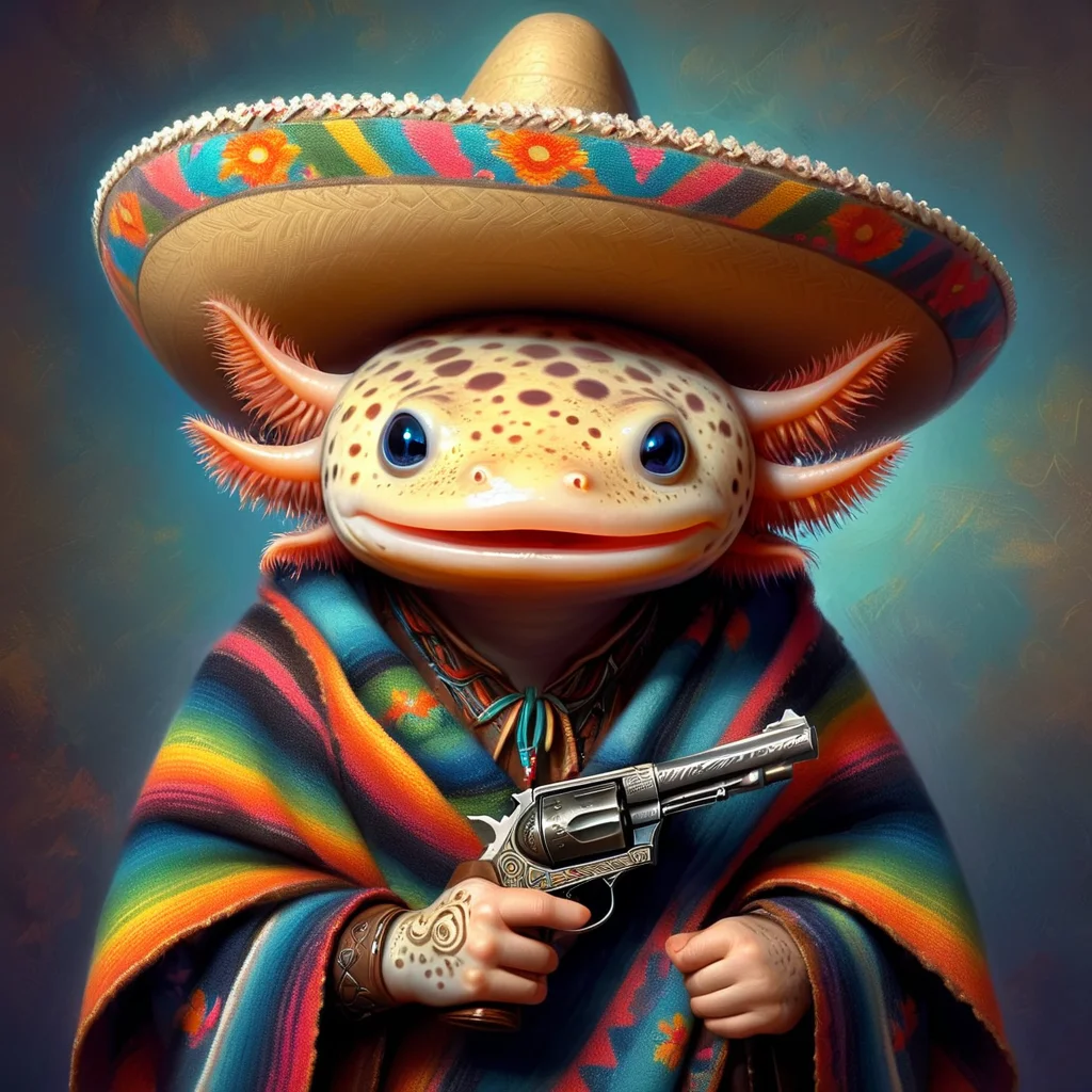 (masterpiece:1.5) <lora:Axomodel XL:0.7> 4xolotl, portrait of axtolotl wearing sombrero and poncho, holding ornate heirloom revolver, posing, proud facial expression, stylized digital painting