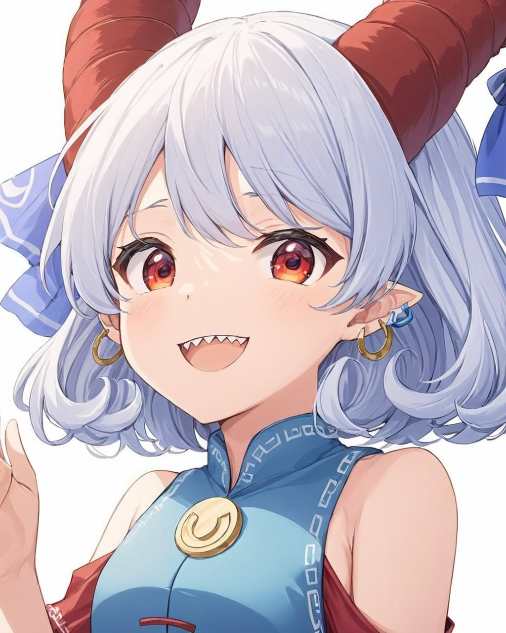 toutetsu yuuma,1girl, solo, earrings, blue_dress, simple_background, red_sleeves, white_background, red_horns, sharp_teeth, detached_sleeves, horn_ribbon, bare_shoulders, looking_at_viewer, horizontal_pupils, upper_body, sheep_horns, smile, open_mouth
<lora:toutetsu_yuuma_image1106_2023-12-20-000014:1>,star-shaped_pupils,symbol-shaped_pupils,. gorgeous,key visual, vibrant, studio anime,award-winning, professional, highly detailed,high budget, cinemascope